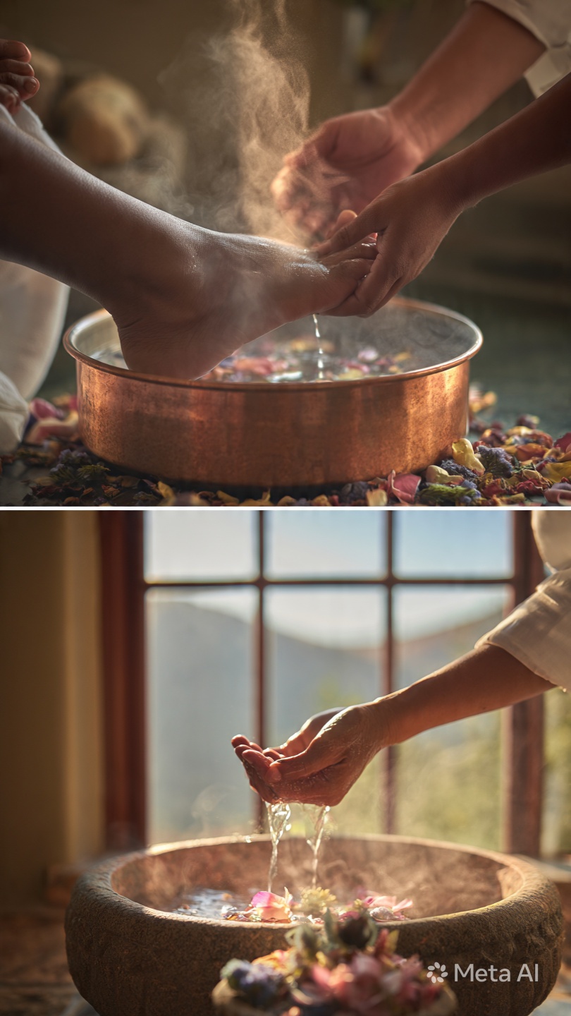 Foot reflexology treatment with copper bowl and flower petals